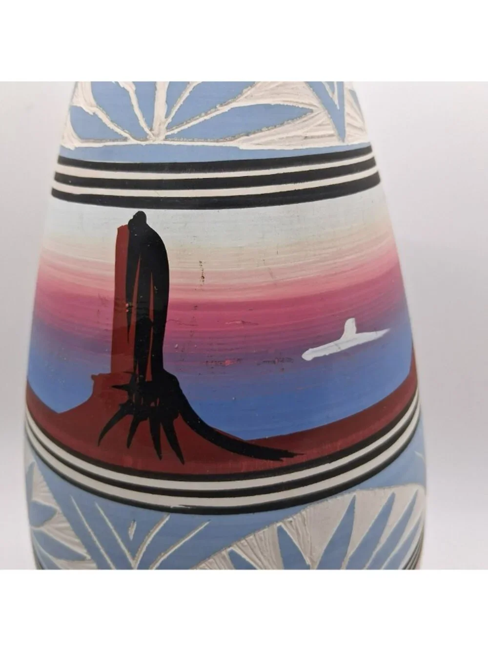 Navajo Pottery Vase Southwest Desert Landscape & Etched Pastel Signed